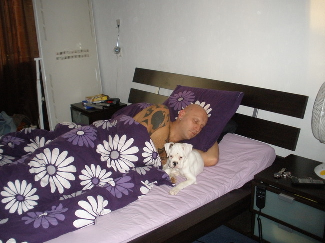 Lekker bij het baasje op bed