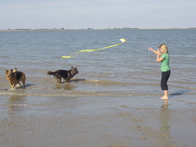 Anne aan 't vliegeren; Rosie en Ziva aan 't strandjutten.
