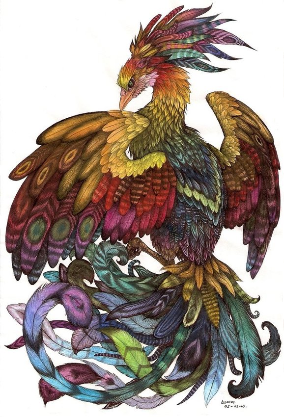 Een Phoenix, getekend met een balpen en ingekleurd met waterverf. Voor het kunst topic.  
