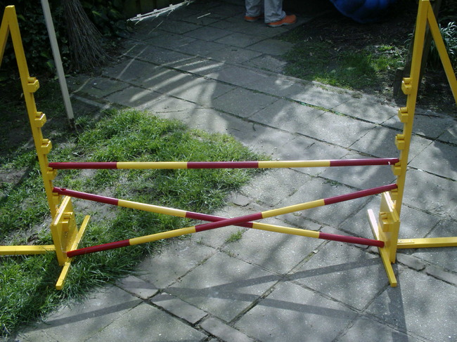 Zelf gemaakte hoogtesprong, in hoogte te variëren. Heb er 4 balken bij gemaakt.